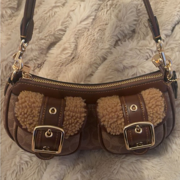 Coach Brown Leather Shoulder Bag with Shearling Accents - Picture 3 of 3